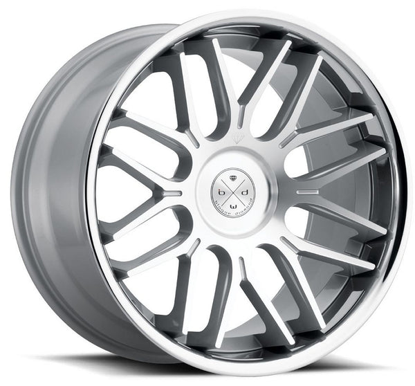 Staggered full Set - (2) 22x9 Blaque Diamond BD-27 Silver Machined Face w/ Chrome Stainless Steel Lip (2) 22x10.5 Blaque Diamond BD-27 Silver Machined Face w/ Chrome Stainless Steel Lip