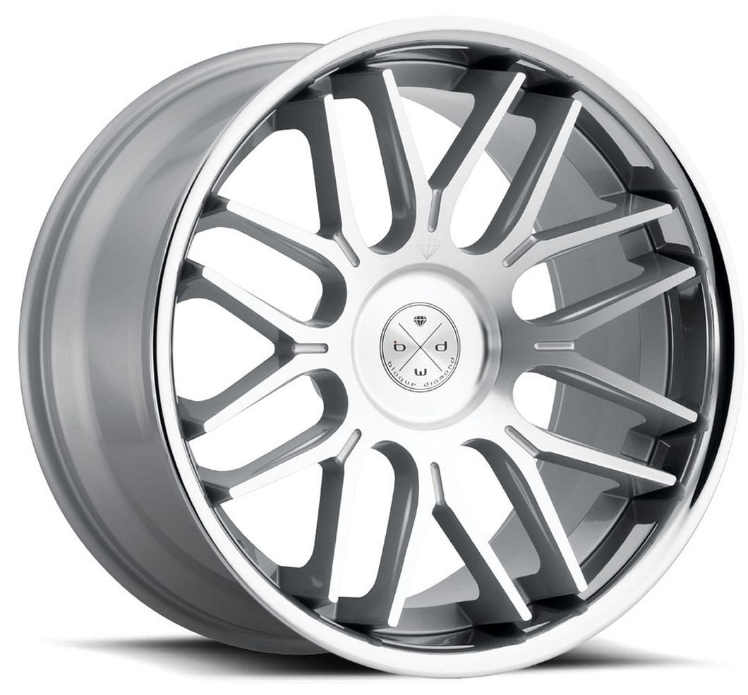 Staggered full Set - (2) 20x9 Blaque Diamond BD-27 Silver Machined Face w/ Chrome Stainless Steel Lip (2) 20x11 Blaque Diamond BD-27 Silver Machined Face w/ Chrome Stainless Steel Lip