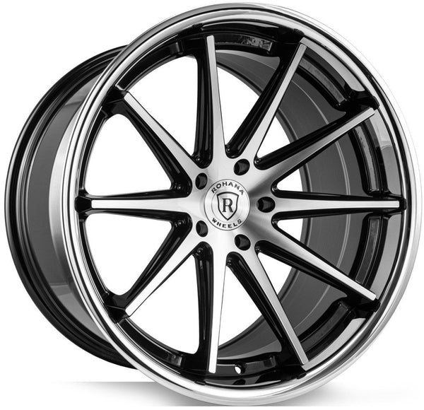Staggered Full Set - 19x8.5 Rohana RFC10 Gloss Black Machined w/ Chrome Stainless Steel Lip (Flow Formed) 5x4.5/114.3 35mm (2) | 19x9.5 Rohana RFC10 Gloss Black Machined w/ Chrome Stainless Steel Lip (Flow Formed) (Mid Concave) 5x4.5/114.3 40mm (2)