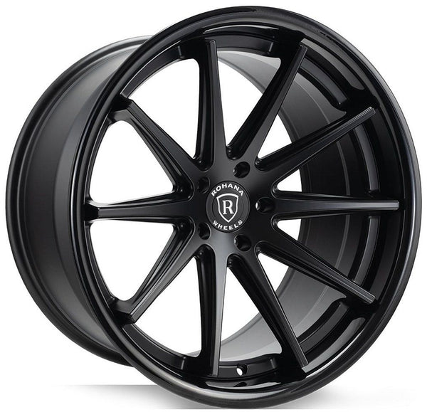 Staggered Full Set - 19x9.5 Rohana RFC10 Matte Black w/ Gloss Black Lip (Flow Formed) (Mid Concave) 5x4.5/114.3 40mm (2) | 20x11 Rohana RFC10 Matte Black w/ Gloss Black Lip (Flow Formed) (Super Deep Concave) 5x4.5/114.3 20mm (2)