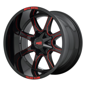 20x10 8x180 Moto Metal Offroad Wheels MO970 Gloss Black Milled With Red Tint And Moto Metal On Lip -18  offset  124.2  hub