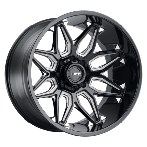 24x14 5x127 Tuff Wheels T3B Gloss Black With Milled Spokes -72 offset 71.5 hub